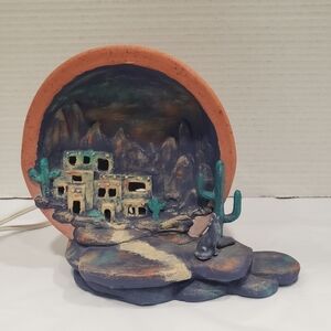 Vintage Ceramic Handpainted Southwest Adobe House Wolf Table Lamp Nightlight